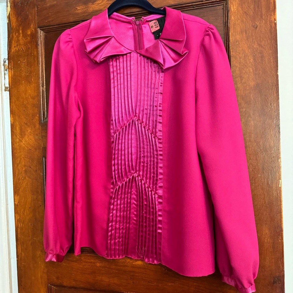 Anna Sui Pink Pleated Front Long Sleeve Blouse